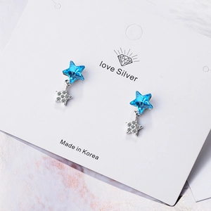 Minimalist blue star stud earrings with cubic zirconia and silver hanging star charm