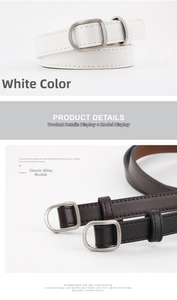 Close-up of women's leather belts in black, white, and brown with D-shaped silver buckles