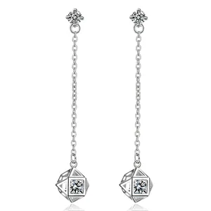 Korean Simple Geometric Cube Long Tassel Stud Earrings With 925 Sterling Silver Earring Post Copper Plated Rhinestone Earrings For Women
