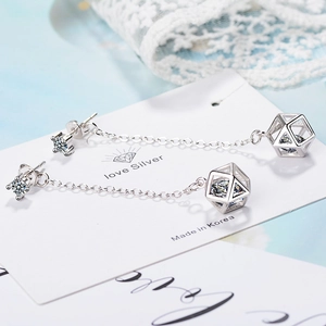 Silver geometric cube earrings with sparkling cubic zirconia and long tassels for women