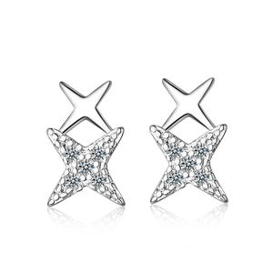 Minimalist silver four-point star stud earrings with sparkling cubic zirconia inlay