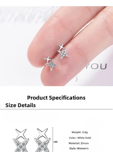 Detail of silver star studs with white zircon inlay and 8mm height dimensioning