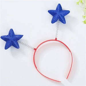 Detail of red festive headband featuring two sparkly blue stars on metal springs