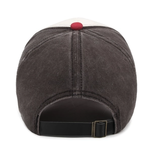 Adjustable vintage washed grey and white patchwork baseball cap with metallic buckle