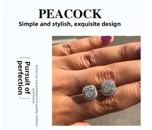 Macro detail of classic square cushion-cut double halo cubic zirconia stud earrings