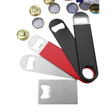 Flat lay of multiple stainless steel bottle openers in black, red and silver finishes