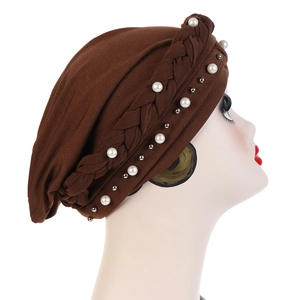 Dark brown milk silk turban hat with braided design and white pearl accents for women