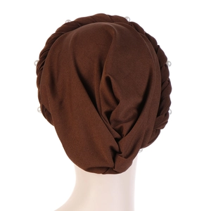 Dark brown milk silk turban cap with twisted braid design and white pearl embellishments