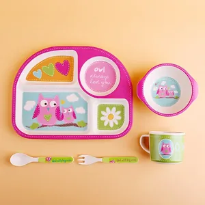 Five-piece bamboo fiber kids dinnerware set with owl pattern and divided plate