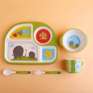5-piece bamboo fiber kids tableware set with elephant pattern and divided dinner plate