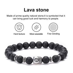 Natural lava rock beads bracelet with antique silver Buddha head charm and metal spacers