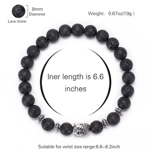 Lava stone bead bracelet with silver Buddha head charm and size specifications
