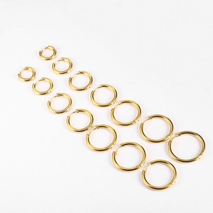 Detailed view of various sizes of gold stainless steel hoop earrings in a neat row