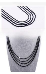 Close-up of stainless steel black pearl necklace with detailed product dimensions and size specs