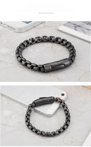 Detailed view of striped vintage silver titanium steel cuboid chain with cylindrical clasp