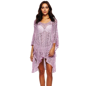 Detail showing the intricate lavender crochet knit pattern and wavy hem of the V-neck cover-up
