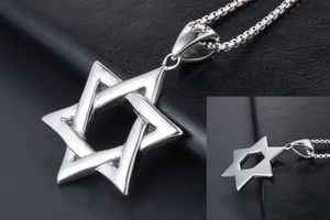 Macro view of silver stainless steel hexagram star pendant with hollow back design