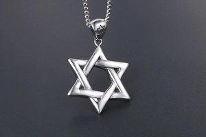 Detailed view of silver stainless steel Star of David pendant on a sturdy box chain