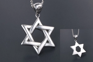 Front and back detail of retro hollow hexagram star pendant in polished titanium steel