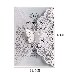Laser cut white butterfly lace wedding invitation card with size 18cm by 12.5cm