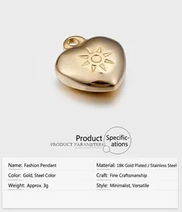 Macro view of a gold heart pendant with sunburst engraving made of 18K gold plated steel