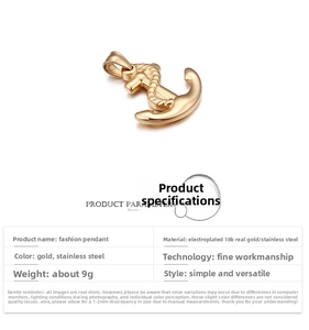 Detail view of a gold anchor cross pendant with 18K gold plating and technical specs