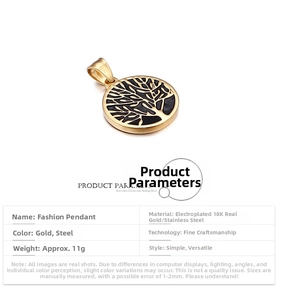 Detailed product specs of gold round Tree of Life pendant in 18K plated stainless steel