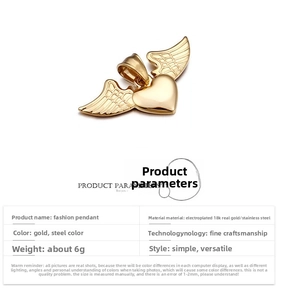 Macro detail of winged heart pendant in 18K gold plated stainless steel and product specs
