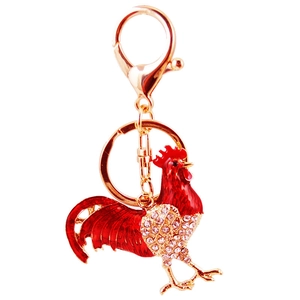 Creative Chinese zodiac rooster keychain with red enamel, gold plating and crystals