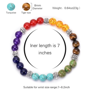 Chakra stone yoga bracelet with 8mm tiger eye and turquoise beads on white background