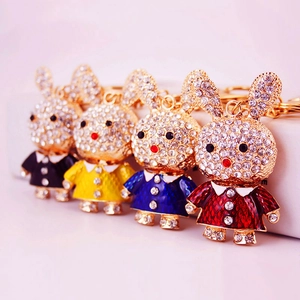 Cartoon Cute Long Ear Rabbit Keychain Zinc Alloy Rhinestone Enamel Bunny Keyring Bag Pendant For Women Girls Gift