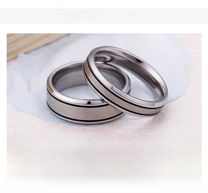 Detail view showing brushed stainless steel couple rings with black parallel lines
