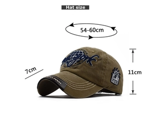 Detailed view of 3D New York embroidery on washed cotton khaki baseball cap brim