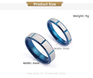 Detail of 4mm and 6mm blue and silver brushed stainless steel couple rings set
