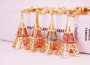 Vue détaillée de quatre porte-clés Tour Eiffel ornés de strass colorés et brillants