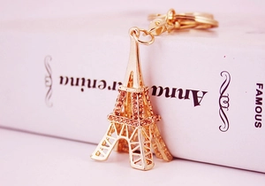 Gros plan du porte-clés tour Eiffel doré avec cristaux roses sur un livre rose