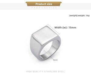 Detail view of 15mm square stainless steel signet ring with brushed metal finish