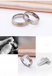 Detail of 316L stainless steel rings showing brushed silver texture and gold inlay