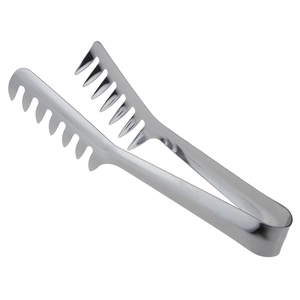 U-shaped stainless steel pasta tongs with serrated teeth for easy food gripping