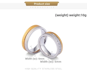 Detail view of 6mm brushed stainless steel couple rings with single row zircon inlay