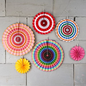 Set of 6 colorful paper fan decorations in striped and solid patterns for party events
