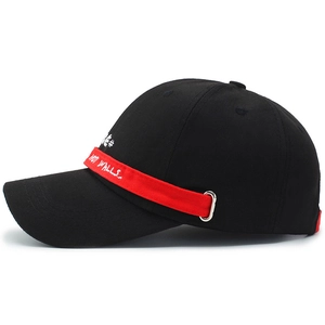 Streetwear black cotton baseball cap with red embroidered ribbon and silver D-ring