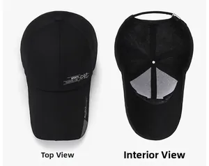 Detail view of black canvas sports cap with side lettering and adjustable metal buckle
