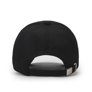 Back view of classic black canvas baseball cap with adjustable metal buckle strap