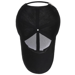 Internal structure of black canvas baseball cap with breathable mesh and adjustable strap