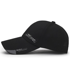 Black long-brim baseball cap featuring Sports Fashion side printing and curved peak