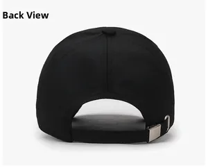 Detail view of the black canvas baseball cap back with adjustable metal buckle closure