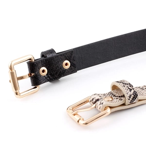 Vintage skinny belts in black leather and beige snakeskin pattern with gold square buckles