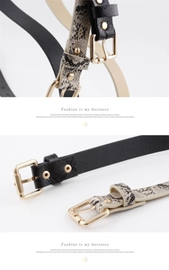 Detail of vintage skinny belts for women in black and snakeskin with gold buckles
