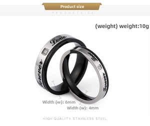 Détail des bagues de couple en largeurs 6mm et 4mm avec gravure Forever Love et zircon